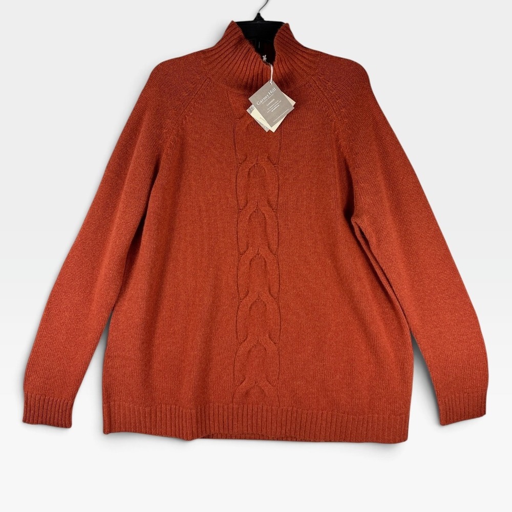 Garnet Hill Cashmere Mock Neck Sweater Womens Large Orange Cable Knit NWT